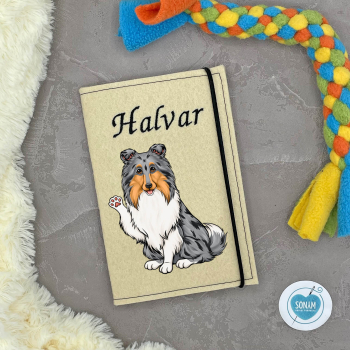 Designbeispiel der Impfpasshülle beige für die Hunderasse Collie Langhaar blue merle